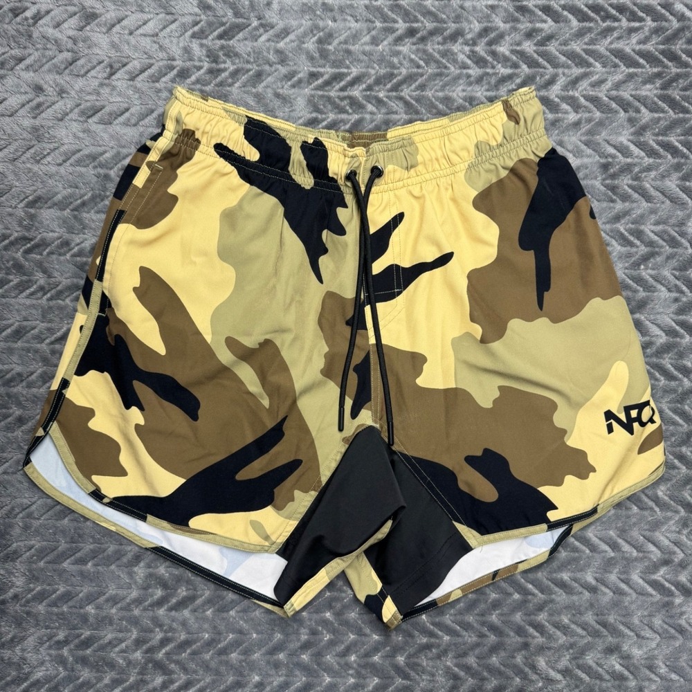 NFQ Never F***ing Quit Mens Training Shorts Medium Tan/Green/Black Camo (1437)